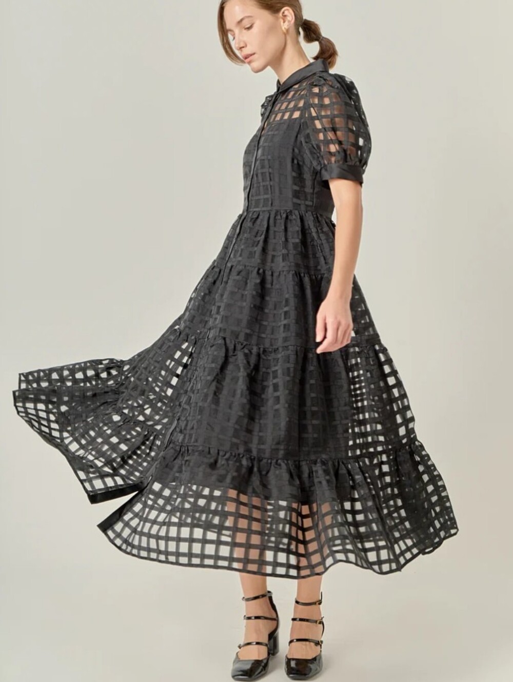 English Factory Black Grid Lace Maxi Dress